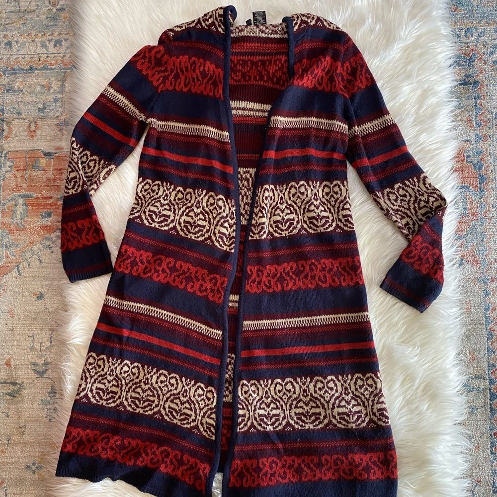 Long navy and orange cardigan with hood